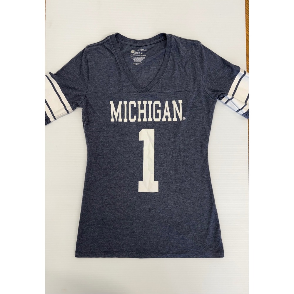 Colosseum Michigan Wolverines Navy Blue V-Neck Striped Sleeve Graphic Tee M